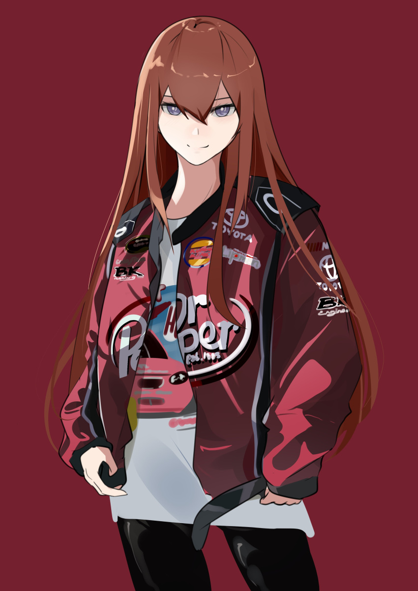 1girl absurdres alex_bowman alex_bowman_(cosplay) black_pants brown_hair cosplay cowboy_shot dr_pepper grey_eyes hair_between_eyes highres holeecrab jacket long_hair looking_at_viewer makise_kurisu nascar pants print_shirt red_background red_jacket shirt smile solo steins;gate toyota very_long_hair white_shirt