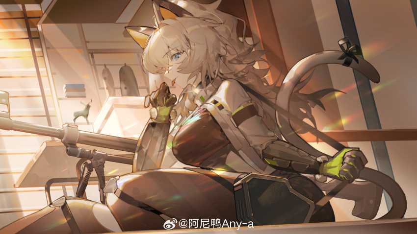 1girl absurdres aniao_ya animal_ears black_ribbon blue_eyes breasts cat_ears cat_tail girls'_frontline girls'_frontline_2:_exilium grey_hair gun highres lens_flare long_hair looking_at_viewer machine_gun peritya_(girls'_frontline_2) pkp_pecheneg ribbon sitting smile solo tail tongue tongue_out weapon