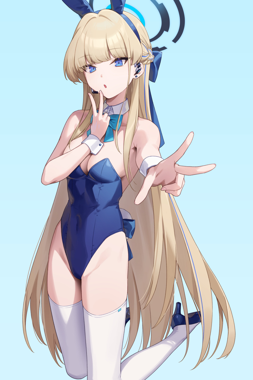 1girl absurdres akabino animal_ears blonde_hair blue_archive blue_background blue_bow blue_bowtie blue_eyes blue_footwear blue_hair blue_leotard bow bowtie braid collarbone detached_collar double_v fake_animal_ears fingernails full_body high_heels highres leotard long_hair looking_at_viewer multicolored_hair official_alternate_costume open_mouth rabbit_ears simple_background solo strapless strapless_leotard streaked_hair thighhighs toki_(blue_archive) toki_(bunny)_(blue_archive) v white_thighhighs wrist_cuffs