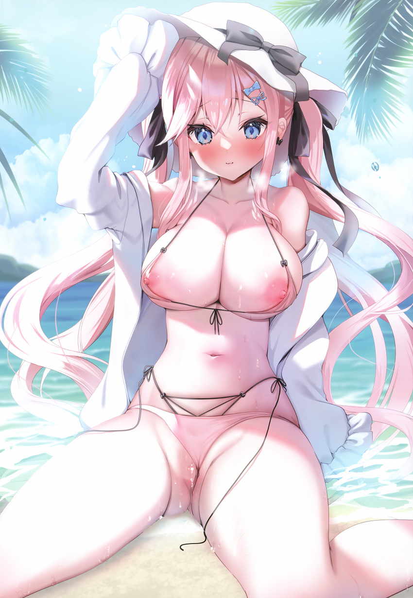 1girl :3 absurdres adjusting_clothes adjusting_headwear ayuma_sayu bare_shoulders beach bikini black_ribbon blue_bow blue_eyes blue_sky blush bow bow_earrings breasts cleavage closed_mouth cloud cloudy_sky coat collarbone day earrings frilled_coat frills front-tie_bikini_top front-tie_top hair_between_eyes hair_bow hair_ornament hair_ribbon hat hat_ribbon highres huge_breasts jacket jewelry large_breasts legs light_smile long_hair long_sleeves looking_at_viewer melonbooks micro_bikini mountainous_horizon navel nipples ocean off_shoulder open_clothes open_coat open_jacket open_shirt original outdoors palm_tree pink_bikini pink_hair pussy pussy_juice ribbon side-tie_bikini_bottom sitting sky sleeves_past_fingers sleeves_past_wrists solo spread_legs stomach string_bikini sun_hat swimsuit thighs thong tree twintails wariza water wet white_coat white_headwear