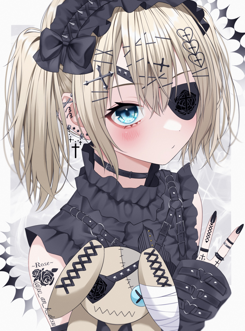 1girl bandages blonde_hair blue_eyes blush chest_harness choker commentary cross cross_earrings cross_hair_ornament ear_piercing earrings eyepatch fingernails hair_ornament hairband hairclip harness heart heart_earrings heart_hair_ornament highres industrial_piercing jewelry lolita_fashion long_fingernails long_hair long_sleeves looking_at_viewer multiple_earrings multiple_piercings nail_polish original piercing shirt sleeveless sleeveless_shirt spiked_headband stuffed_animal stuffed_rabbit stuffed_toy symbol-only_commentary twintails upper_body v wanko_(yurika0320) x_hair_ornament