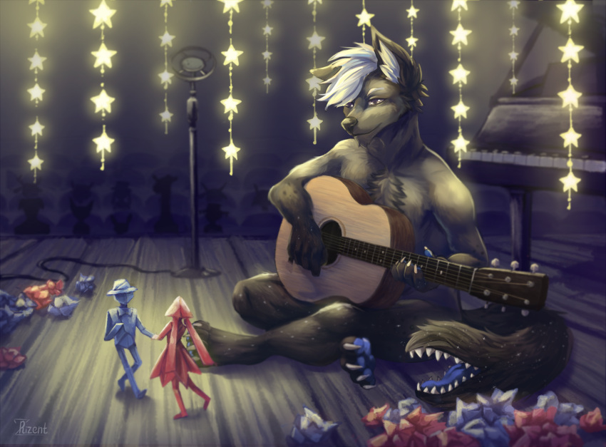 2020 animate_inanimate anthro audience black_nose blue_pawpads blue_tongue cable canid canine casual_nudity cheek_tuft chest_tuft claws convenient_censorship crossed_legs crowd dancing detailed_background electronics eyebrows facial_tuft floor front_view fur grey_body grey_claws grey_fur group guitar hair hi_res inner_ear_fluff inside keyboard_instrument long_tail magic male mammal microphone microphone_stand musical_instrument nude on_stage origami painfulsmile paper_creature papercraft pawpads performance piano playing_guitar playing_music plucked_string_instrument rizent sharp_teeth short_hair silhouette sitting smile sparkles stage string_instrument string_lights tail tail_mouth teeth tongue tuft unusual_anatomy unusual_tail white_eyebrows white_hair wood wood_floor