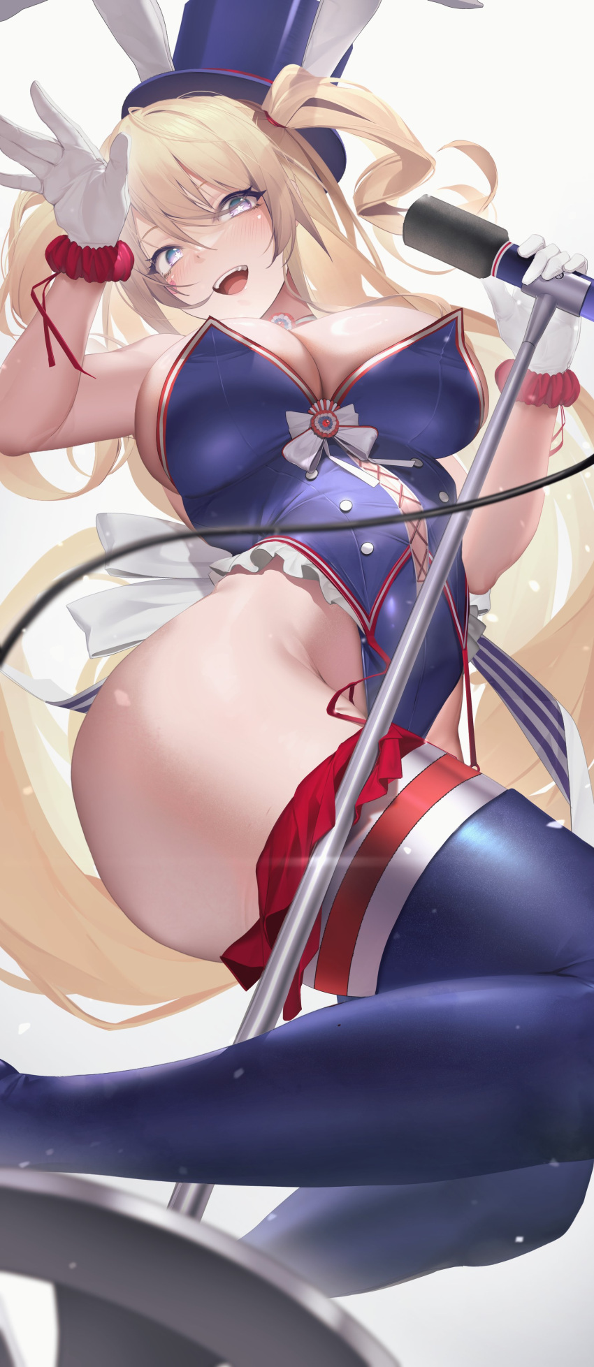 1girl absurdres azur_lane blonde_hair blue_eyes blue_leotard blue_thighhighs breasts cleavage facial_mark frilled_leotard frills gloves guam_(azur_lane) guam_(stage-setting_charmer)_(azur_lane) hat heart heart_facial_mark heart_sticker heart_tattoo highleg highleg_leotard highres holding holding_microphone large_breasts leotard long_hair microphone microphone_stand nine_(kanine41) official_alternate_costume playboy_bunny smile star-shaped_pupils star_(symbol) symbol-shaped_pupils tattoo thighhighs top_hat two_side_up undersized_breast_cup white_gloves