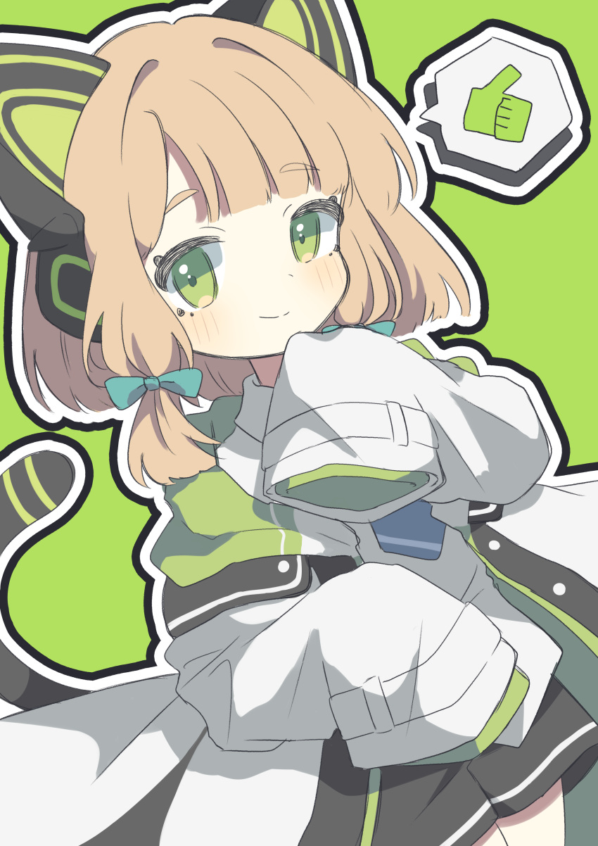 1girl absurdres animal_ear_headphones animal_ears blonde_hair blue_archive blue_necktie bow cat_ear_headphones fake_animal_ears fake_tail game_development_department_(blue_archive) green_background green_bow green_eyes hair_bow headphones highres jacket komano_shia midori_(blue_archive) multicolored_clothes multicolored_jacket necktie outline sleeves_past_wrists smile spoken_thumbs_up tail upper_body white_jacket