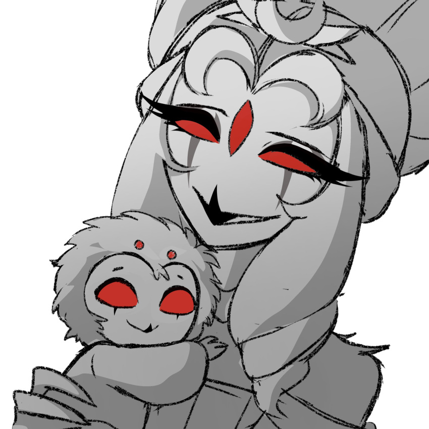 anthro avian avian_demon bird child crescent_moon demon duo female hair helluva_boss hi_res holding_another holding_child long_hair looking_at_viewer male moon mother_(lore) mother_and_child_(lore) mother_and_son_(lore) owl owl_demon parent_(lore) parent_and_child_(lore) parent_and_son_(lore) queen_octavia_(teathekook) red_eyes short_hair simple_background smile son_(lore) stolas_(helluva_boss) teathekook white_background young