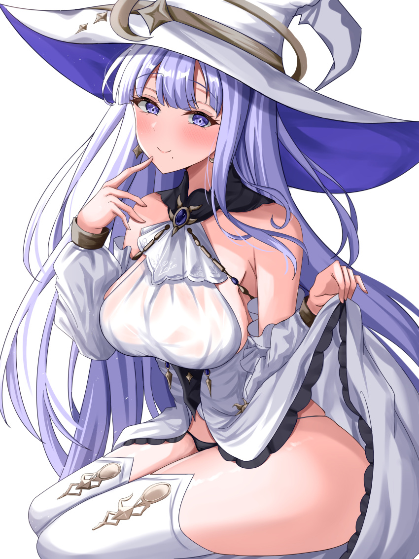 1girl absurdres azur_lane bare_shoulders breasts crescent crescent_hat_ornament detached_sleeves dress earrings guichen_(azur_lane) hat hat_ornament highres jewelry kuon_(kuon) large_breasts large_hat long_hair looking_at_viewer mole mole_under_mouth purple_eyes purple_hair simple_background sitting solo thighhighs very_long_hair white_background white_dress white_headwear white_theme white_thighhighs witch_hat