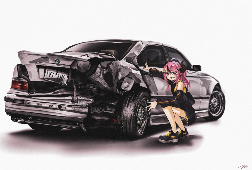 1girl black_footwear black_hair black_jacket bmw bmw_3_series car damaged grey_background highres horns jacket license_plate looking_at_viewer motor_vehicle multicolored_hair nougat_(73r1r1) original pink_eyes pink_hair ponytail shirt shoes signature simple_background skirt smile sneakers solo streaked_hair v-shaped_eyebrows vehicle_focus yellow_shirt yellow_skirt