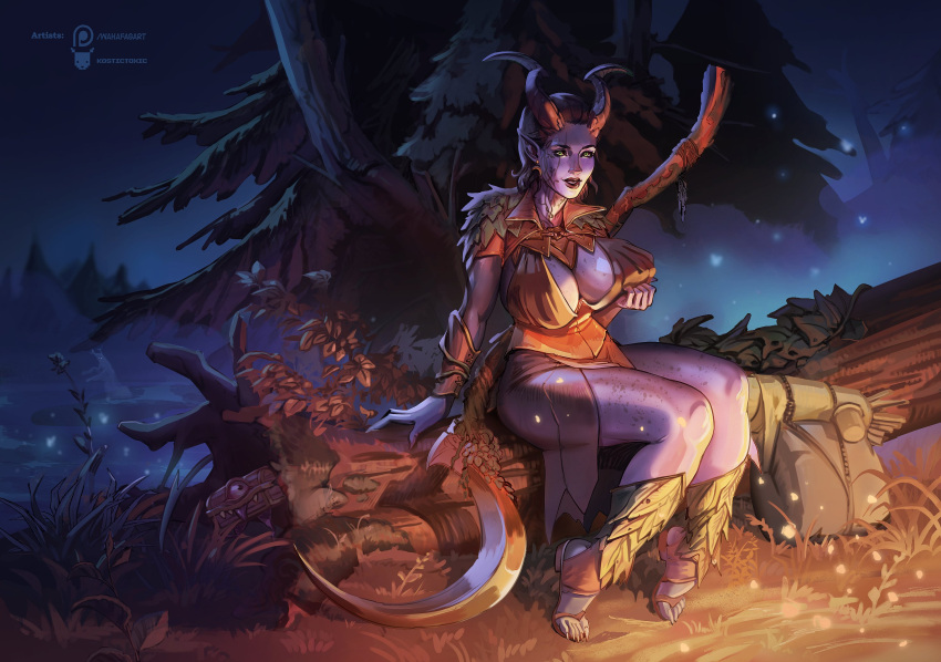 1girl artist_name backpack bag black_hair body_freckles breasts campfire cleavage collaboration colored_skin crescent crescent_earrings demon_horns dungeons_and_dragons earrings fantasy fire forest freckles grass green_eyes highres horns jewelry kostictoxic large_breasts log looking_at_viewer nature night outdoors plant pointy_ears polearm purple_skin sandals scythe short_hair sitting sitting_on_log smile solo tail tiefling tree vambraces weapon zion_alexiel