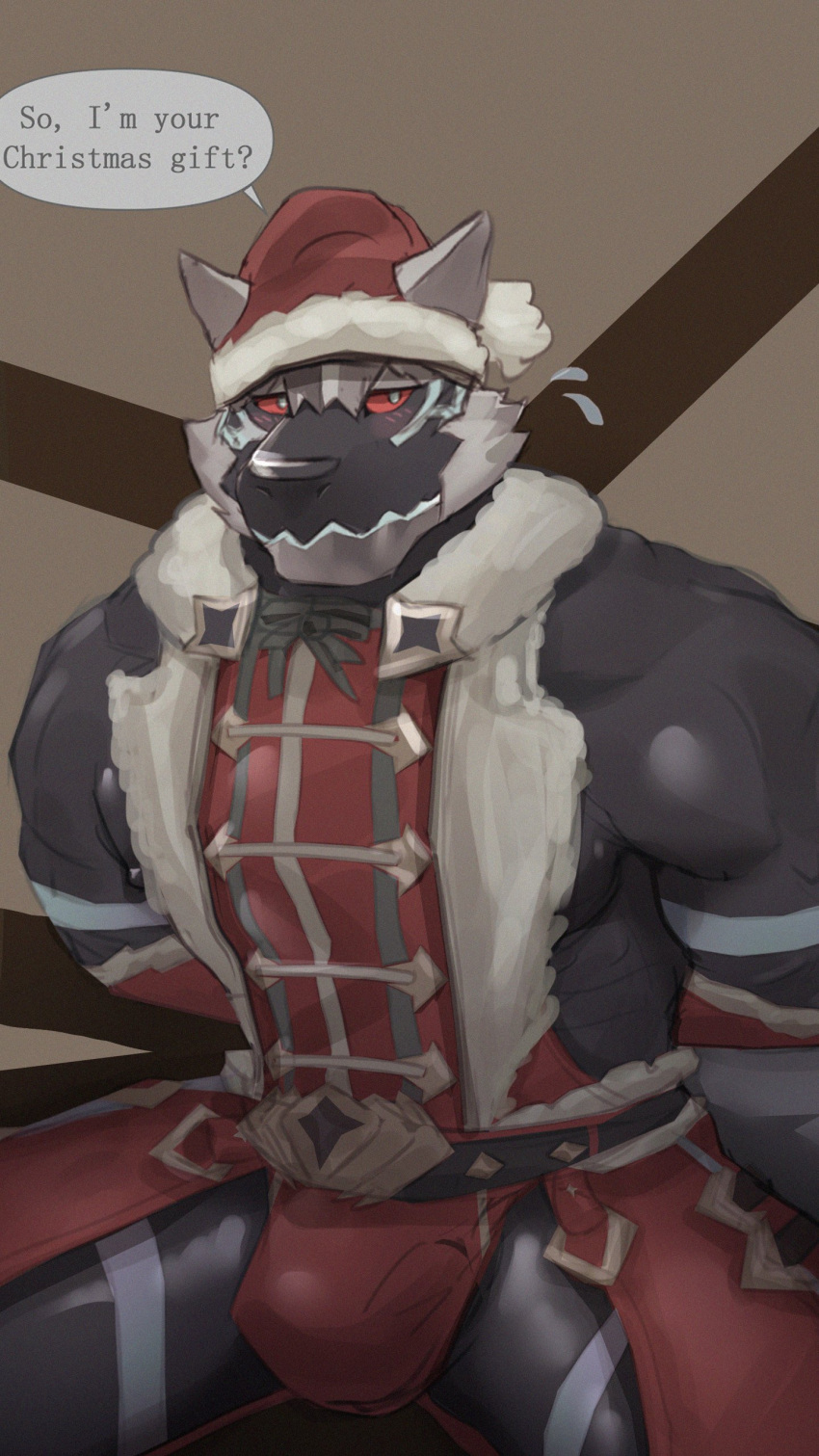 absurd_res anthro biceps bodysuit bulge christmas christmas_clothing christmas_headwear clothing english_text green_eyes hat headgear headwear hi_res holidays lifewonders live_a_hero male monomasa muscular muscular_anthro muscular_male pecs red_sclera sanjin3jin santa_hat skinsuit solo supervillain text tight_clothing