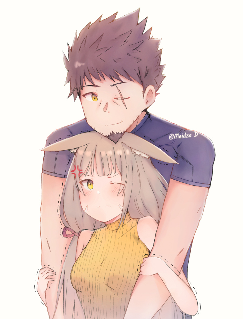 1boy 1girl absurdres anger_vein animal_ear_fluff animal_ears blush brown_eyes brown_hair cat_ears facial_hair facial_mark goatee grey_hair highres hug hug_from_behind meidza_d nia_(blade)_(xenoblade) nia_(xenoblade) one_eye_closed rex_(xenoblade) scar scar_across_eye sleeveless sleeveless_turtleneck smile trembling turtleneck upper_body whisker_markings xenoblade_chronicles_(series) xenoblade_chronicles_2 xenoblade_chronicles_3 xenoblade_chronicles_3:_future_redeemed yellow_eyes