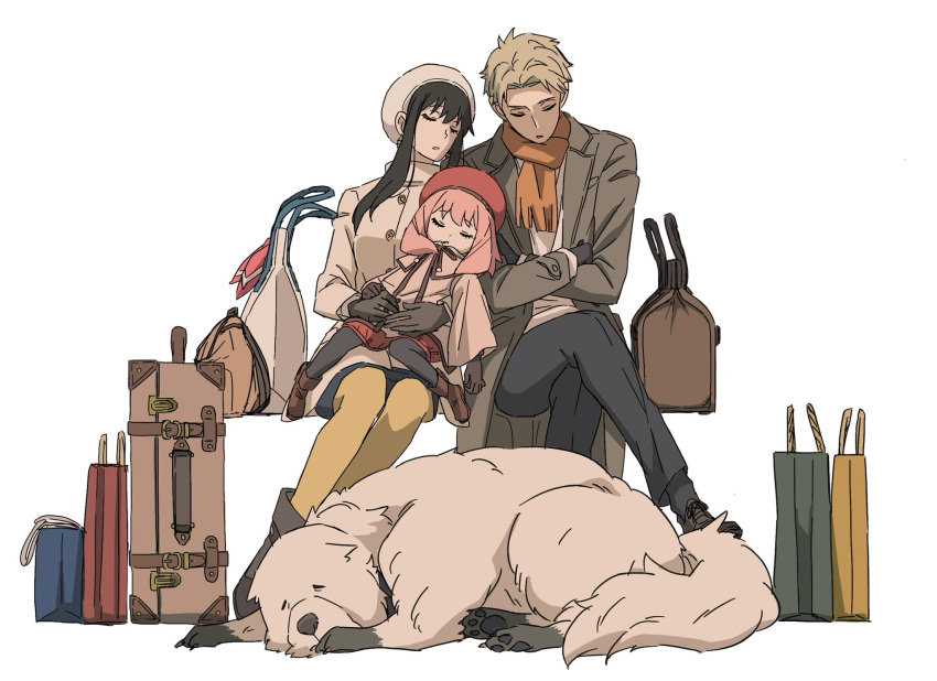 1boy 2girls anya_(spy_x_family) ayamame black_hair blonde_hair bond_(spy_x_family) closed_eyes crossed_arms dog family gloves highres leggings multiple_girls scarf sleeping twilight_(spy_x_family) white_background yor_briar