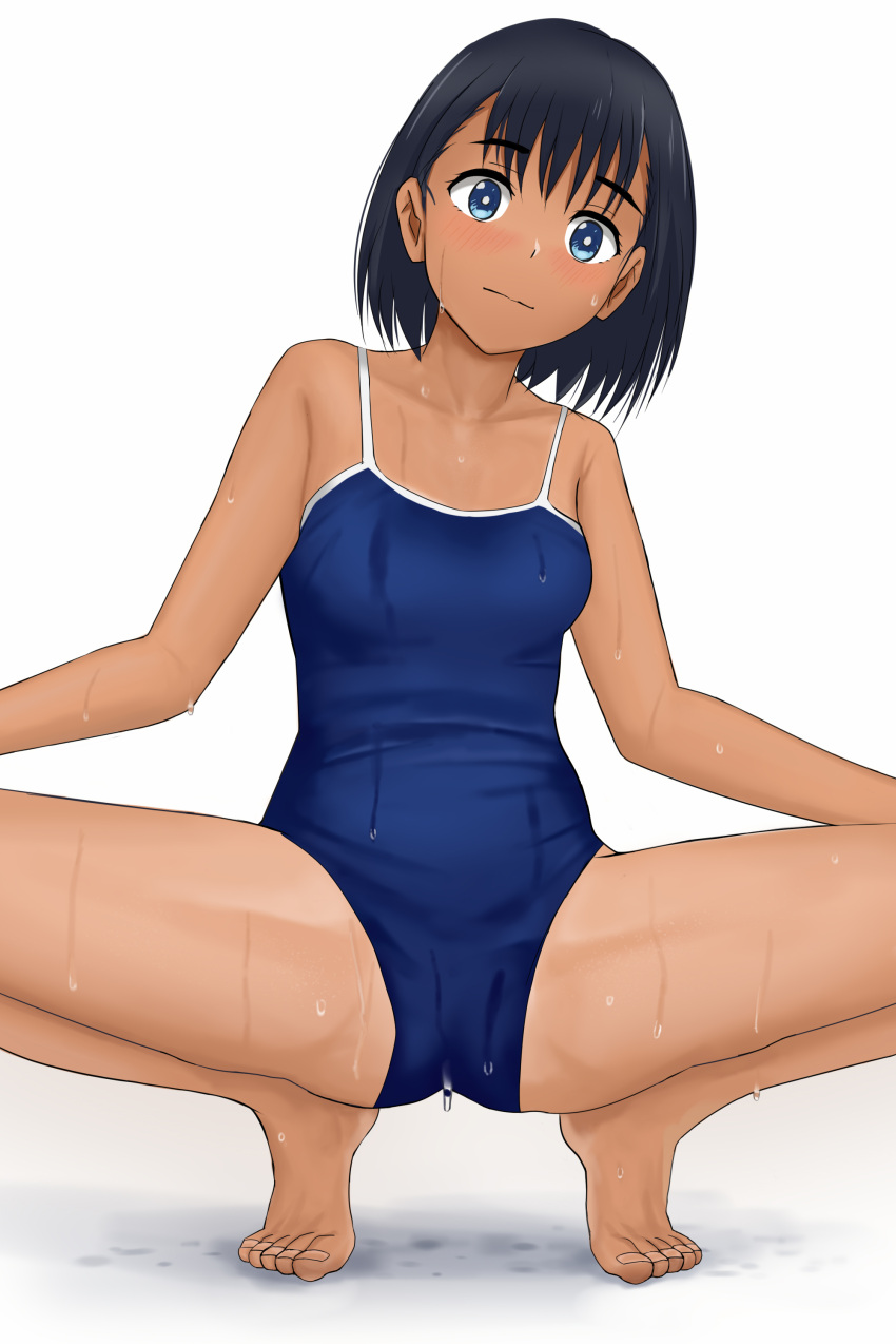 1girl absurdres black_hair blue_eyes blue_one-piece_swimsuit blush breasts closed_mouth competition_school_swimsuit dark-skinned_female dark_skin highres kofune_mio looking_at_viewer one-piece_swimsuit school_swimsuit short_hair simple_background small_breasts solo spread_legs squatting summertime_render swimsuit tan tanlines wet white_background yenn8