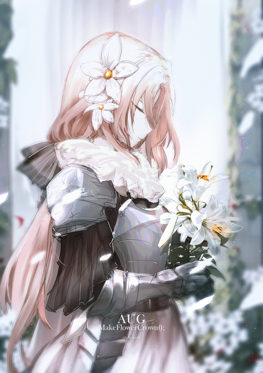 1girl absurdres armor armored_gloves aug_(girls'_frontline) aug_(requiem_array)_(girls'_frontline) blurry blurry_background bow breastplate character_name closed_eyes flower from_side girls'_frontline hair_bow hair_flower hair_ornament highres holding holding_flower long_hair official_alternate_costume pink_hair shoulder_armor solo tfnfe_sach upper_body white_lily