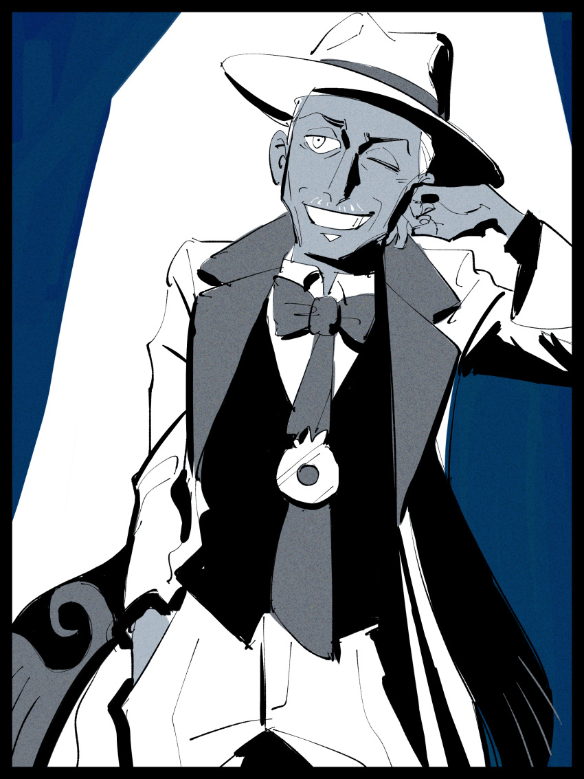 1boy absurdres coat cyrano_(pokemon) dark-skinned_male dark_skin dnbsan facial_hair fedora goatee greyscale greyscale_with_colored_background grin hand_in_pocket hat highres limited_palette monochrome mustache necktie one_eye_closed pokemon pokemon_sv short_hair smile solo tie_clip two-sided_coat two-sided_fabric very_short_hair