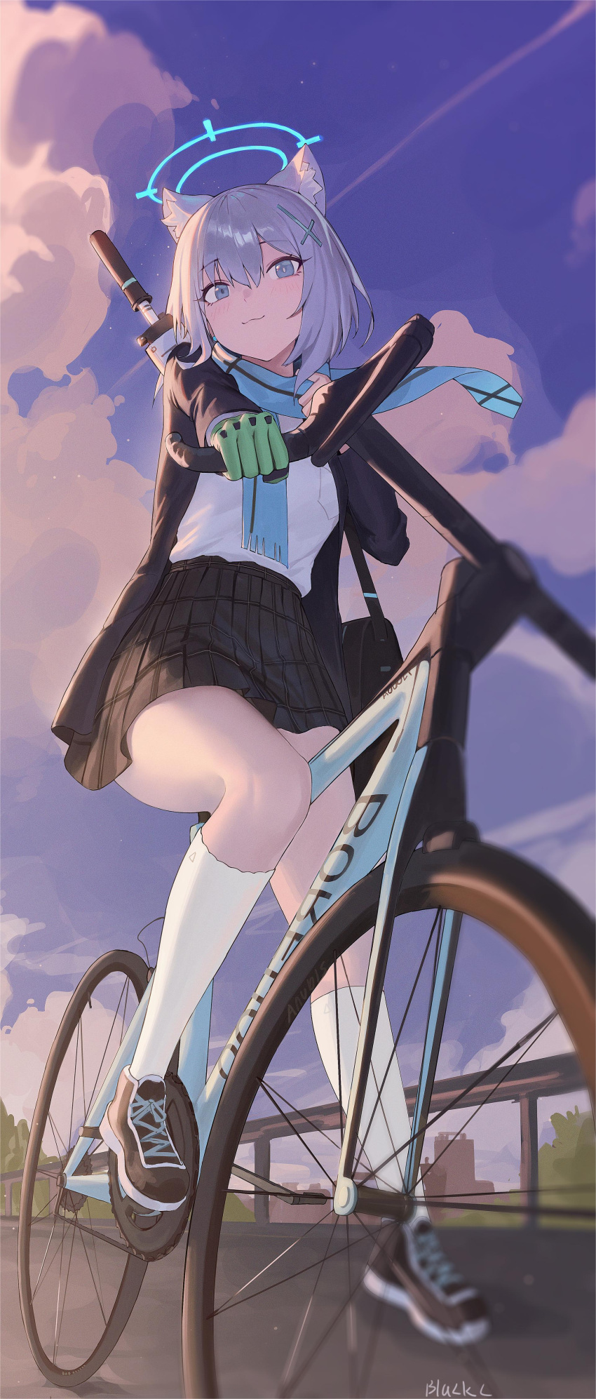 1girl absurdres animal_ears bag bicycle black_c black_footwear black_skirt blue_archive blue_eyes blue_scarf blush closed_mouth cross_hair_ornament extra_ears gloves green_gloves grey_hair hair_between_eyes hair_ornament highres medium_hair mismatched_pupils outdoors pleated_skirt riding riding_bicycle scarf shiroko_(blue_archive) shirt shoes signature skirt smile socks solo white_shirt white_socks wolf_ears