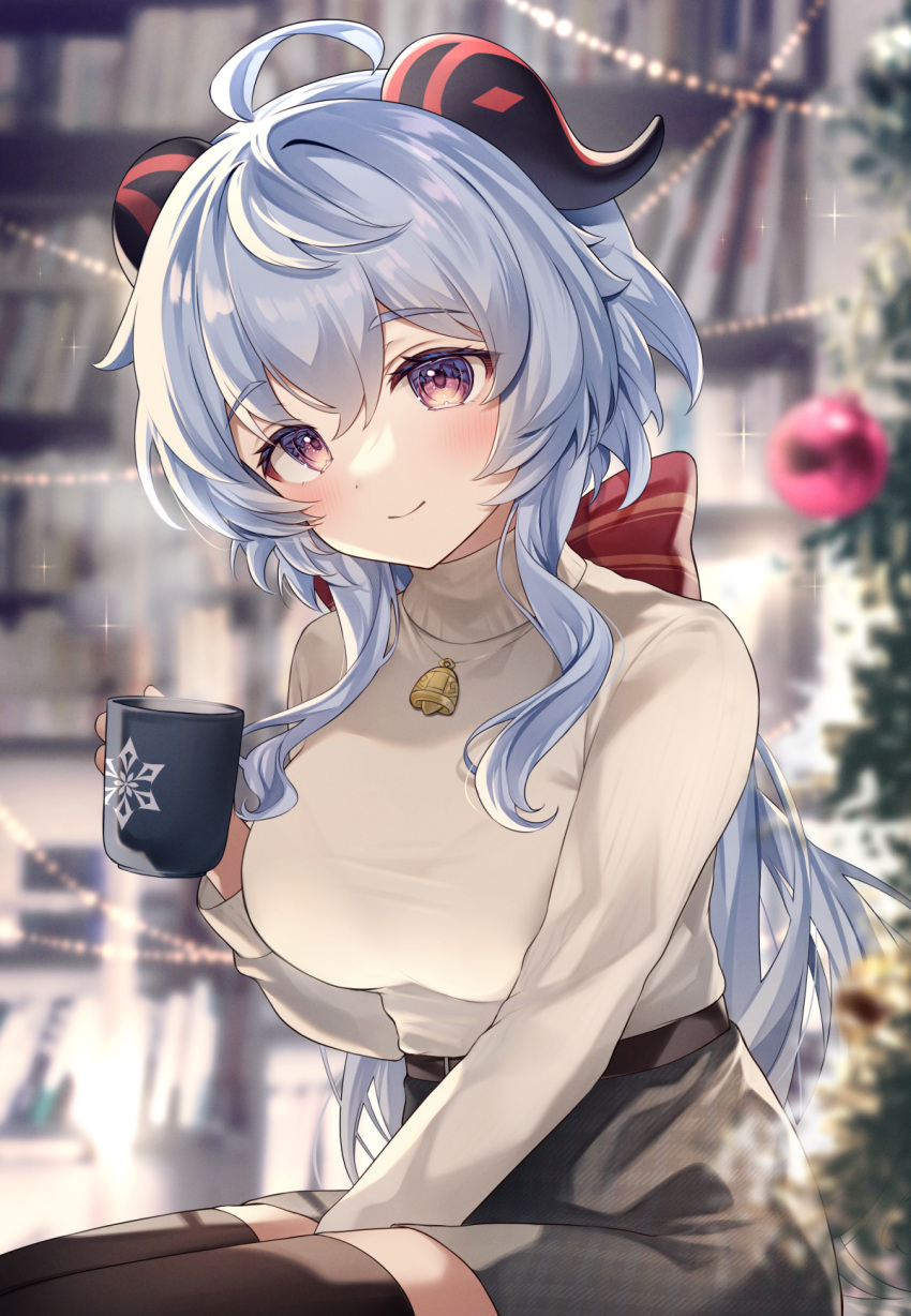 ahoge arm_between_legs bell black_thighhighs blue_hair blurry blurry_background bow bra_visible_through_clothes bralines breasts casual christmas closed_mouth contemporary cup ganyu_(genshin_impact) genshin_impact gyozanuko hair_bow high-waist_skirt highres horns jewelry long_hair long_sleeves looking_at_viewer medium_breasts miniskirt mug necklace pencil_skirt purple_eyes sidelocks sitting skirt smile sweater taut_sweater thighhighs turtleneck turtleneck_sweater zettai_ryouiki