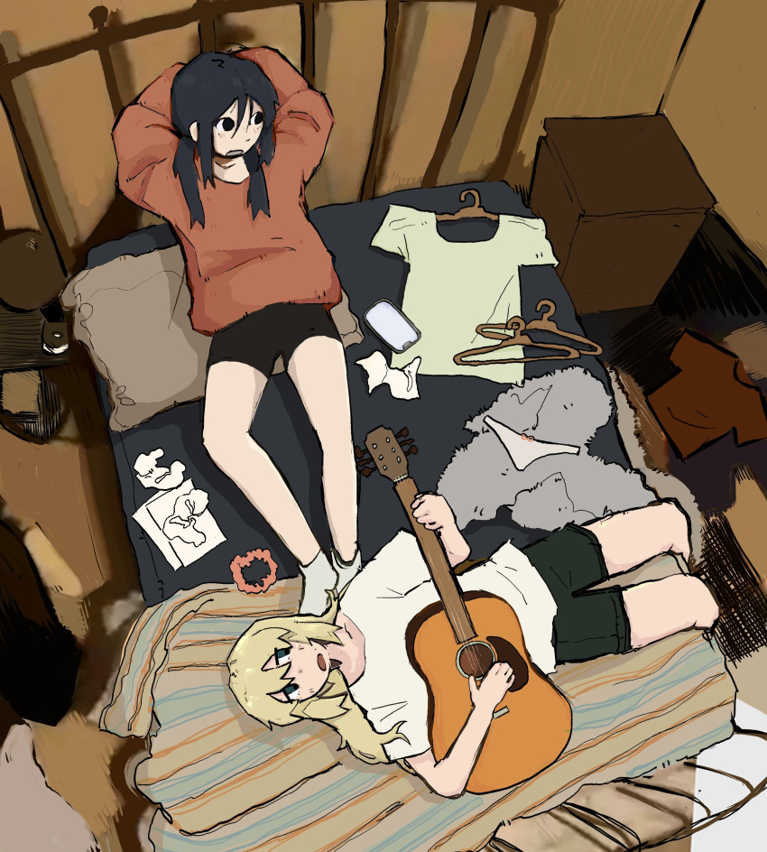 2girls absurdres acoustic_guitar alternate_costume alternate_universe arms_behind_head bedroom bike_shorts black_eyes black_hair blonde_hair cellphone chito_(shoujo_shuumatsu_ryokou) from_above guitar highres holding holding_guitar holding_instrument indoors instrument lying messy_room multiple_girls on_back on_bed panties phone rorossman shoujo_shuumatsu_ryokou smartphone underwear unworn_clothes unworn_panties yuuri_(shoujo_shuumatsu_ryokou)