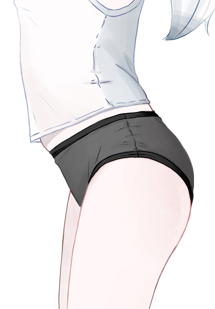 1girl black_panties close-up feet_out_of_frame from_side grey_hair head_out_of_frame highres long_hair lower_body nicora original panties shirt simple_background sleeveless solo thighs underwear white_background white_shirt