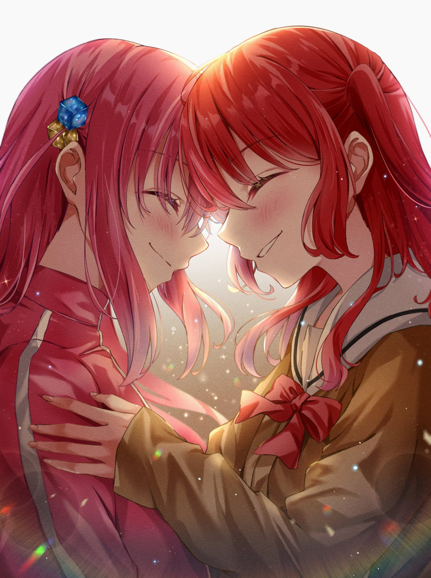 2girls blush bocchi_the_rock! brown_cardigan cardigan closed_eyes closed_mouth cube_hair_ornament gotoh_hitori hair_ornament highres jacket kikugawa_roku kita_ikuyo long_hair long_sleeves multiple_girls one_side_up open_mouth pink_hair pink_jacket red_hair sailor_collar school_uniform shuka_high_school_uniform simple_background smile upper_body white_background white_sailor_collar yuri