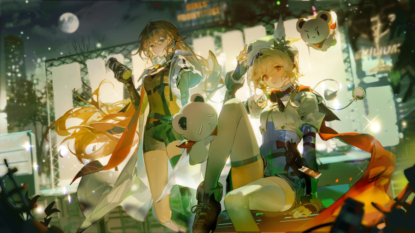 2girls absurdres blonde_hair blurry_text building coat copyright_name girls'_frontline girls'_frontline_2:_exilium hat_feather highres long_hair looking_at_viewer moon multiple_girls nagant_revolver_(girls'_frontline) night night_sky open_clothes open_coat orange_eyes ots-14_(girls'_frontline) red_eyes ruoganzhao short_hair shorts sitting sky thighhighs white_coat white_headwear white_thighhighs