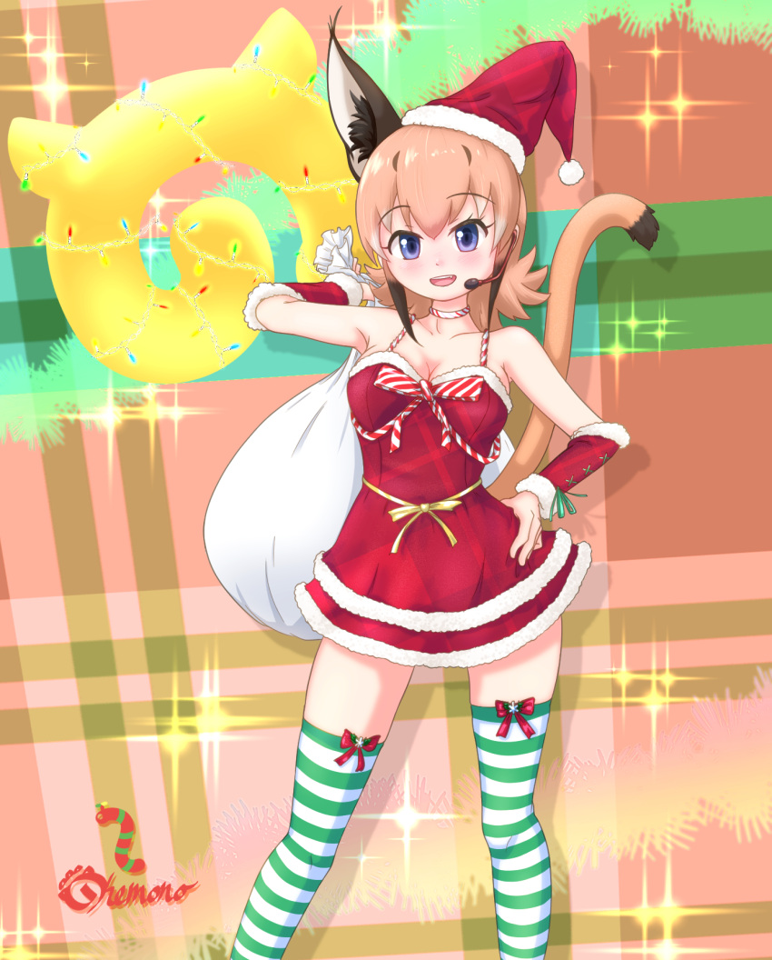 1girl animal_ears bare_shoulders blue_eyes caracal_(kemono_friends) cat_ears cat_girl cat_tail christmas christmas_present dress elbow_gloves extra_ears gift gloves hat highres japari_symbol kemono_friends kemono_friends_v_project kneehighs long_hair looking_at_viewer microphone nokemono-san_(bocchi_friend) orange_hair ribbon santa_costume santa_dress santa_hat simple_background sleeveless socks solo tail virtual_youtuber