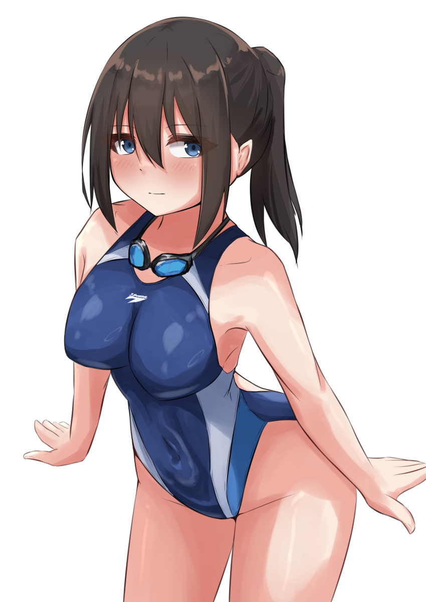 1girl absurdres arms_at_sides black_hair blue_eyes blue_one-piece_swimsuit breasts commentary_request competition_swimsuit cowboy_shot goggles goggles_around_neck highleg highleg_swimsuit highres hiuyec large_breasts leaning_forward long_hair multicolored_clothes multicolored_swimsuit one-piece_swimsuit original sidelocks simple_background solo swimsuit white_background