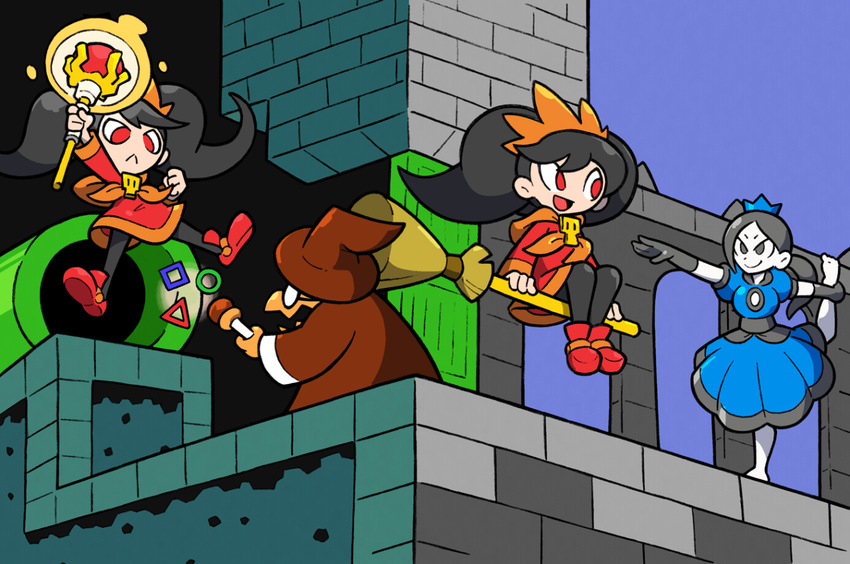 :&lt; alternate_costume artist_request ashley_(warioware) black_eyes black_hair broom broomstick crossover crown dress hat magikoopa multiple_girls nintendo open_mouth ponytail red_eyes shenanimation smile staff super_mario_bros. super_mario_maker twintails wand warioware white_skin wii_fit wii_fit_trainer witch