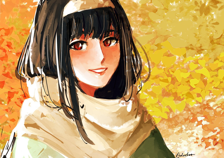 1girl adooble black_hair brown_hairband brown_scarf commentary faux_traditional_media hairband highres long_bangs long_hair portrait red_eyes scarf signature smile solo spy_x_family yor_briar