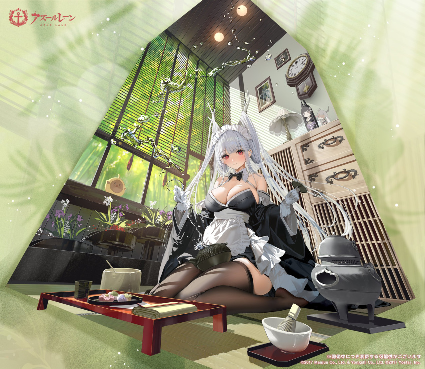 1girl animal apron azur_lane bare_shoulders bird breasts closed_mouth commentary_request company_connection copyright_name day detached_collar flower full_body gloves hair_ornament highres horns indoors long_hair long_sleeves looking_at_viewer maid maid_headdress manjuu_(azur_lane) medium_breasts official_art red_eyes shimanto_(azur_lane) simple_background sitting smile thighhighs thighs waist_apron white_hair wide_sleeves window