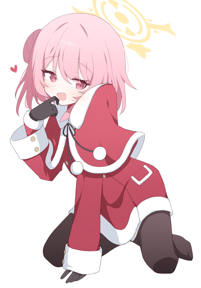 1girl absurdres black_gloves black_pantyhose blue_archive blush capelet full_body gloves hagoonha hair_bun halo heart highres long_hair long_sleeves looking_at_viewer official_alternate_costume open_mouth pantyhose pink_eyes pink_hair pom_pom_(clothes) red_capelet santa_costume serina_(blue_archive) serina_(christmas)_(blue_archive) simple_background single_side_bun smile solo white_background yellow_halo