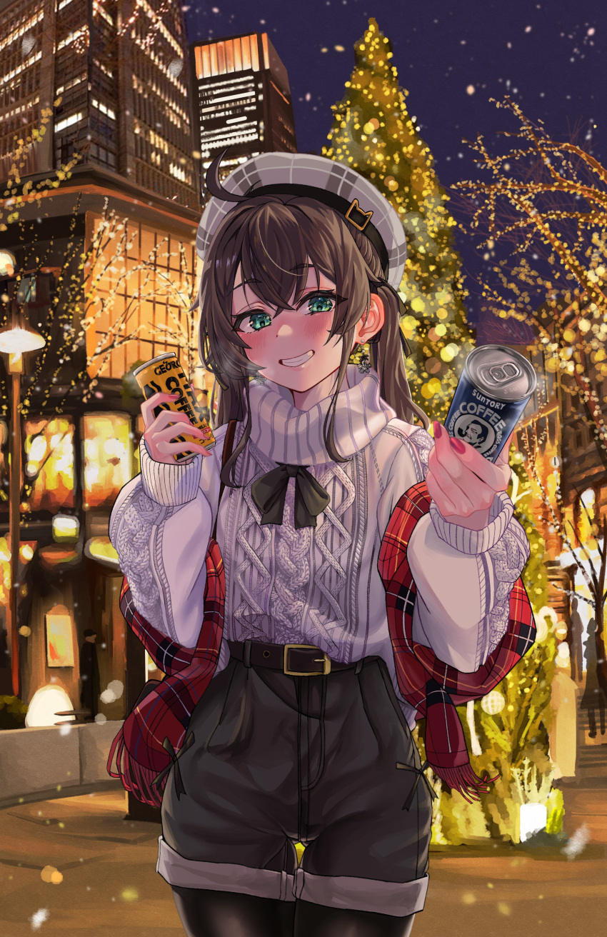 1girl absurdres ahoge belt black_pantyhose black_shorts blush brown_belt brown_hair can canned_coffee drink_can earrings green_eyes grin hair_between_eyes hat highres holding holding_can hololive jewelry long_hair long_sleeves looking_at_viewer nail_polish natsuiro_matsuri night outdoors pantyhose pantyhose_under_shorts pink_nails plaid plaid_headwear plaid_scarf puffy_long_sleeves puffy_sleeves red_scarf scarf shorts smile snarkhunt solo suntory sweater turtleneck turtleneck_sweater twintails virtual_youtuber white_sweater