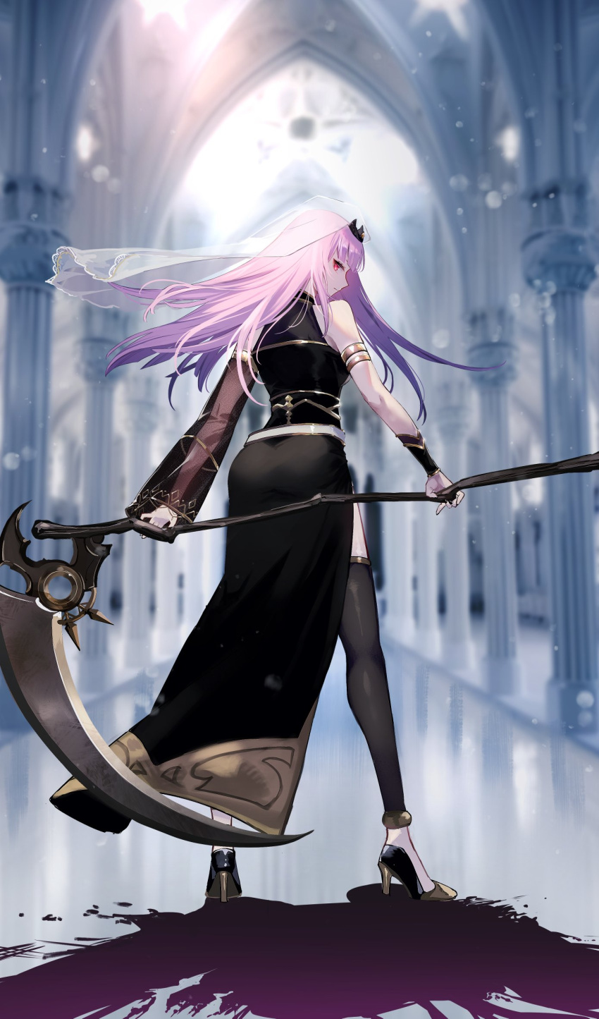 1girl black_dress black_nails black_thighhighs blurry blurry_background detached_sleeves dress from_behind high_heels highres holding holding_scythe hololive hololive_english itoyoshi_ryouichi long_hair mori_calliope mori_calliope_(1st_costume) pink_eyes pink_hair scythe single_detached_sleeve thighhighs tiara veil virtual_youtuber