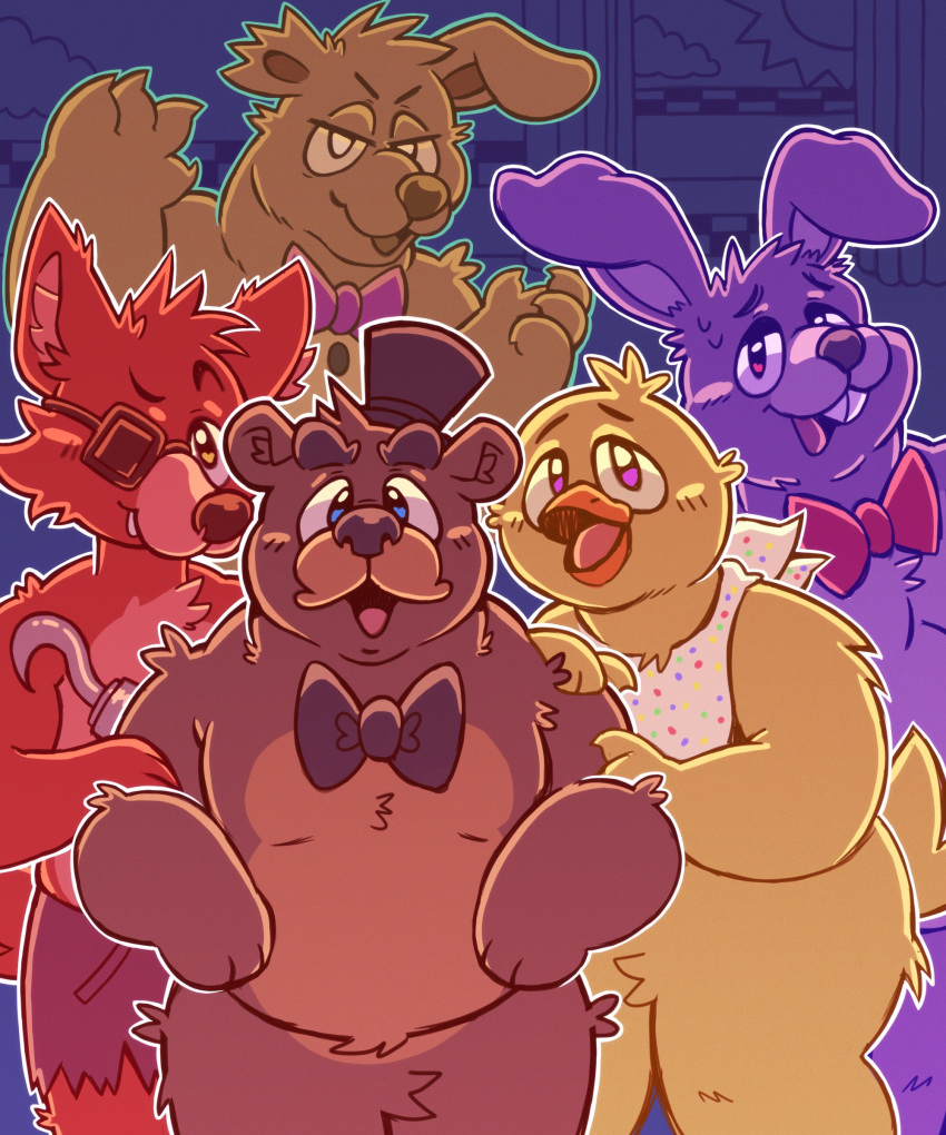 2023 absurd_res anthro avian beak bear bell_punch belly bib bird blue_background blush bodily_fluids bonnie_(fnaf) bottomwear bow_tie buckteeth canid canine chica_(fnaf) chicken claws clothed clothed/nude clothing eye_patch eyebrows eyewear feathers female five_nights_at_freddy's five_nights_at_freddy's_3 fox foxy_(fnaf) freddy_(fnaf) fur galliform gallus_(genus) group hat headgear headwear hi_res hook hook_hand lagomorph leporid looking_at_viewer male mammal notched_ear nude open_mouth open_smile overweight overweight_anthro overweight_female overweight_male phasianid rabbit scottgames shorts simple_background smile springtrap_(fnaf) standing sweat sweatdrop teeth tongue top_hat topless topless_anthro topless_male tuft