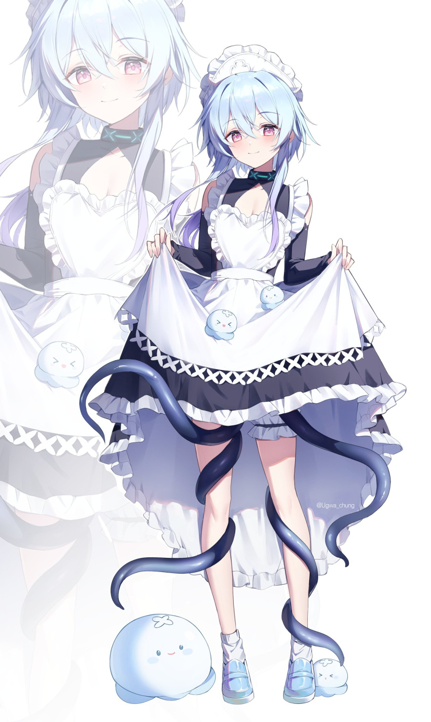 1boy alternate_costume apron arknights artist_name black_collar black_dress blue_footwear blue_hair bridal_garter cleavage_cutout closed_mouth clothing_cutout collar commentary crossdressing crossed_bangs dress enmaided frilled_apron frilled_dress frills gradient_hair hair_between_eyes highres infection_monitor_(arknights) long_hair long_sleeves maid maid_apron maid_headdress male_focus mizuki_(arknights) multicolored_hair multiple_views otoko_no_ko ponytail purple_hair simple_background skirt_hold smile socks standing tentacles twitter_username ugwa white_apron white_background white_socks zoom_layer