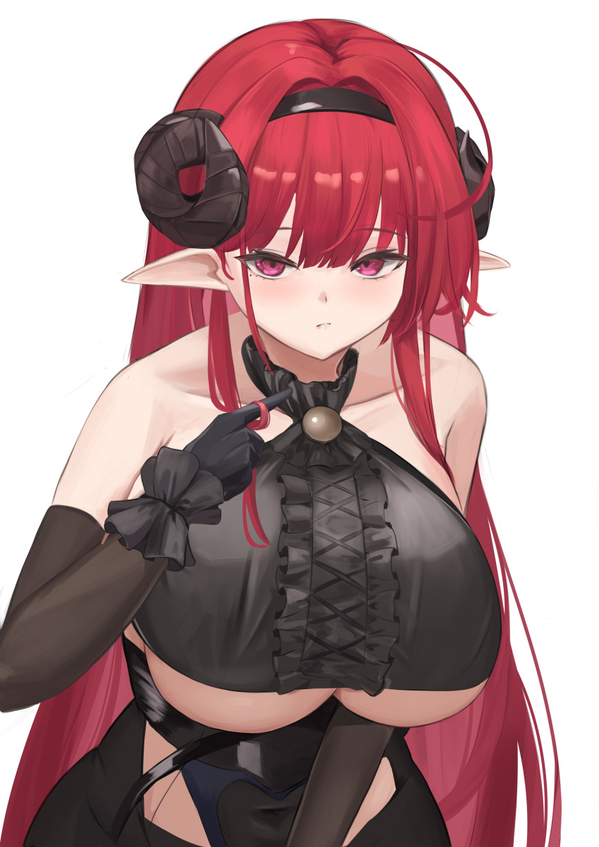 1girl absurdres azur_lane bare_shoulders black_dress black_gloves black_hairband black_horns breasts closed_mouth clothing_cutout covered_navel curled_horns dress elbow_gloves frilled_dress frills gloves hairband highres hindenburg_(azur_lane) horns large_breasts long_hair looking_at_viewer pointy_ears red_eyes remapack77 simple_background solo underboob underboob_cutout white_background