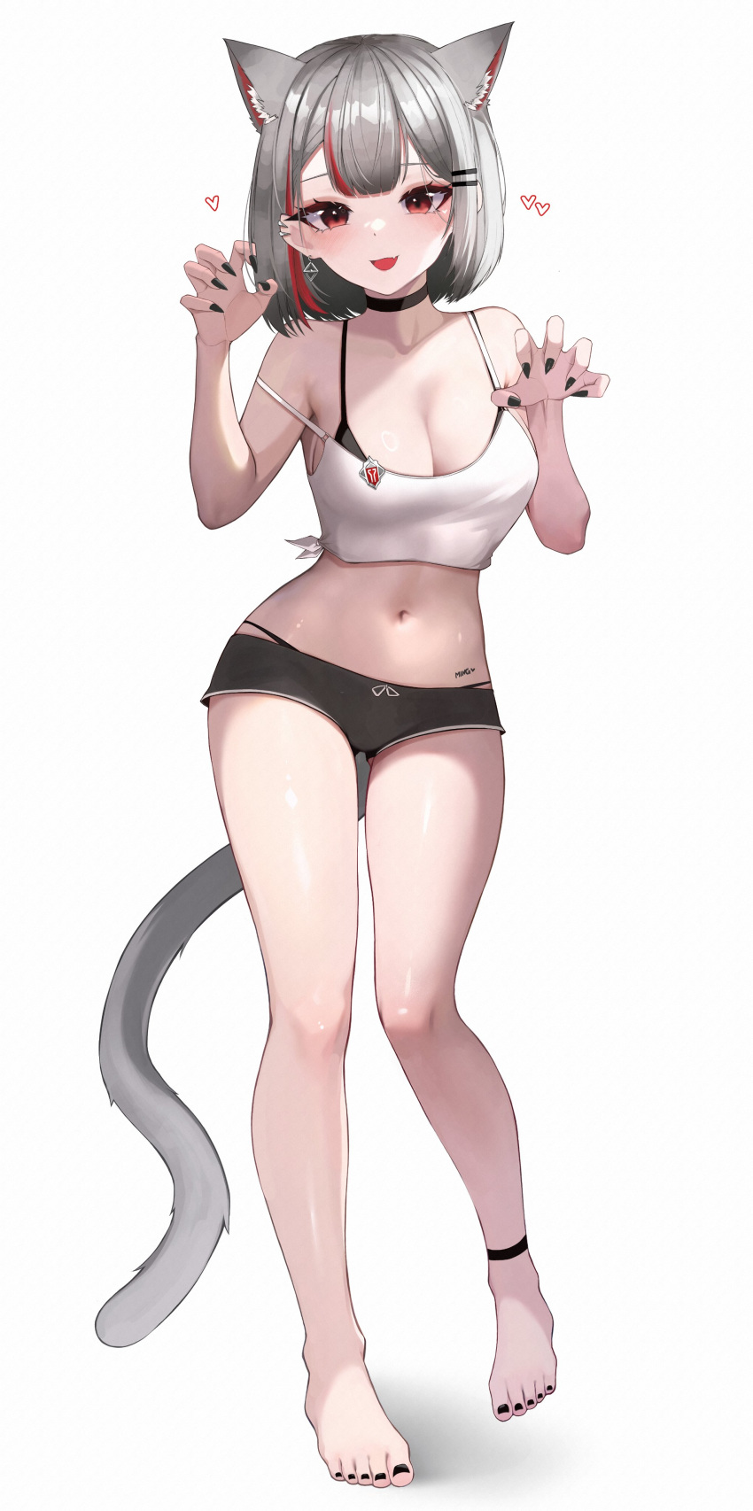 1girl absurdres animal_ear_fluff animal_ears anklet bare_shoulders barefoot black_bra black_choker black_nails black_panties black_shorts blush bra breasts cat_ears cat_tail character_request choker cleavage commentary_request cropped_shirt ear_piercing earrings fang fingernails full_body grey_hair heart highleg highleg_panties highres jewelry kkato korean_commentary looking_at_viewer midriff navel open_mouth panties piercing red_eyes sharp_fingernails shirt short_hair short_shorts shorts sleeveless sleeveless_shirt solo standing standing_on_one_leg stellive strap tail underwear virtual_youtuber white_shirt