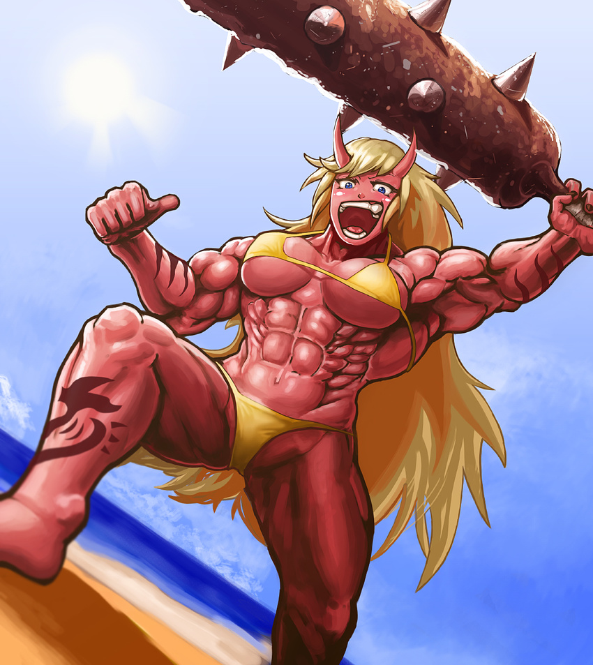 1girl abs artist_name beach biceps bikini blonde_hair blue_eyes club horns long_hair monster_girl muscle ogre oni open_mouth red_oni red_skin solo spiked_club strong swimsuit tattoo teeth weapon
