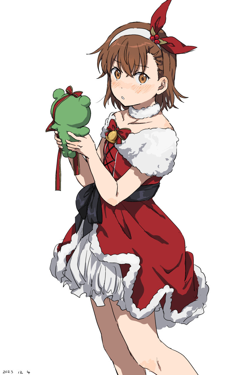 1girl absurdres alternate_costume asymmetrical_bangs blush brown_eyes brown_hair dated dress fur-trimmed_dress fur_collar fur_trim gekota hair_behind_ear hairband highres holding holding_stuffed_toy looking_at_viewer misaka_mikoto mistletoe parted_lips red_dress red_ribbon ribbon santa_dress short_hair solo stuffed_animal stuffed_frog stuffed_toy takatisakana toaru_kagaku_no_railgun toaru_majutsu_no_index white_background