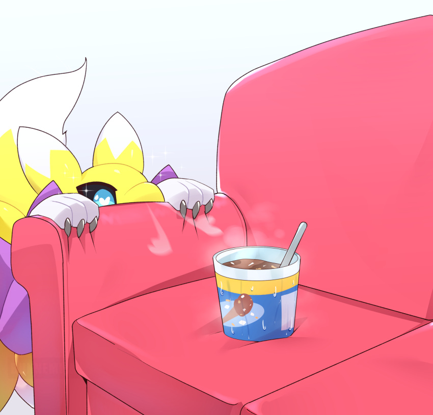 2023 anthro bandai_namco black_sclera blue_eyes breath bunnemilk dessert digimon digimon_(species) female food fur furniture hi_res ice_cream multicolored_body multicolored_fur nails renamon sharp_nails sofa solo two_tone_body two_tone_fur white_body white_fur yellow_body yellow_fur