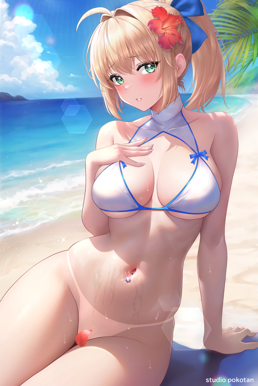 1girl absurdres artoria_pendragon_(fate) artoria_pendragon_(swimsuit_archer)_(fate) bare_arms bare_shoulders beach bikini blonde_hair bottomless breasts commentary_request convenient_censoring day fate/grand_order fate_(series) flower green_eyes hair_flower hair_ornament highres large_breasts long_hair looking_at_viewer navel navel_piercing outdoors parted_lips petals piercing ponytail sidelocks sitting solo stomach studiopokotan swimsuit tan tanlines water wet white_bikini