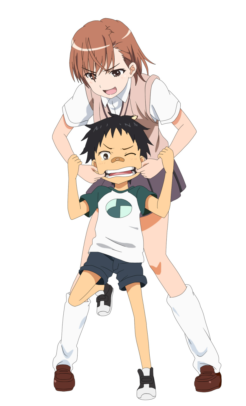 10s 1boy 1girl 2015 age_difference bandaid bandaid_on_face bandaid_on_nose bare_legs black_hair brown_eyes brown_hair child finger_in_another's_mouth frown full_body grabbing grabbing_another's_arm grabbing_from_behind happy height_difference highres huitu_c light_blush looking_at_another looking_at_viewer looking_down loose_socks miniskirt misaka_mikoto non-web_source one_eye_closed open_mouth school_uniform shirt shoes short_hair shorts size_difference skirt smile smug socks standing standing_on_one_leg stretching_cheeks summer_uniform sweater_vest tears teasing thighs toaru_kagaku_no_railgun toaru_majutsu_no_index tokiwadai_school_uniform white_background white_socks