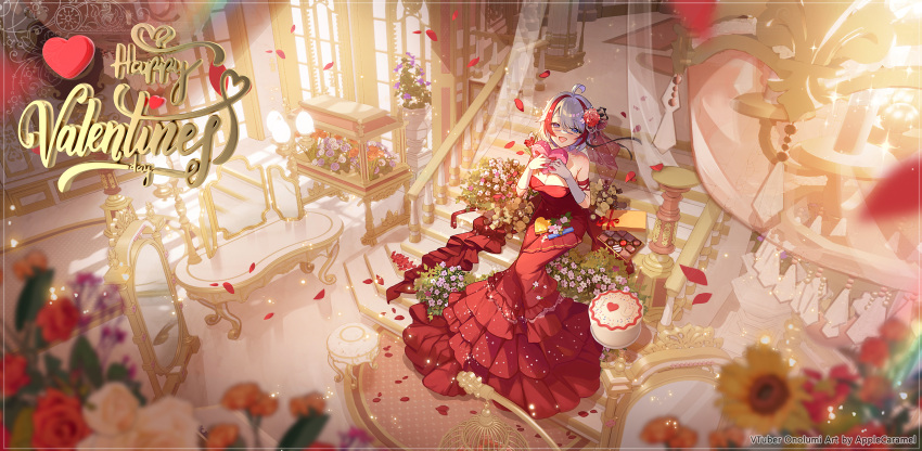 1girl apple_caramel artist_name blue_eyes bouquet box box_of_chocolates breasts cake character_name cleavage dress falling_petals flower food gloves grey_gloves grey_hair hair_flower hair_ornament happy_valentine heart heart-shaped_box highres indie_virtual_youtuber mirror multicolored_hair onolumi_(vtuber) open_mouth orange_flower petals red_dress red_flower red_hair red_petals solo stairs strapless strapless_dress streaked_hair sunflower virtual_youtuber white_flower yellow_flower