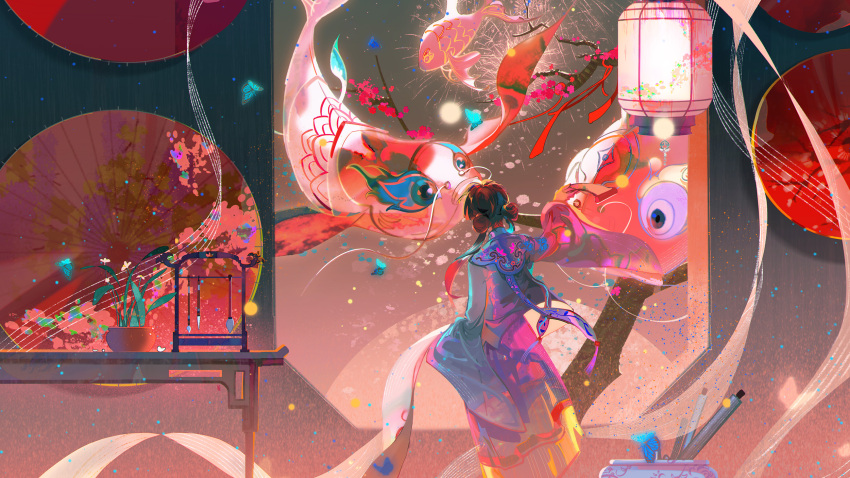 1girl animal blue_butterfly brown_hair bug butterfly double_bun fish hair_bun highres japanese_clothes kimono lantern original oversized_animal scenery solo table vase white_kimono xixun