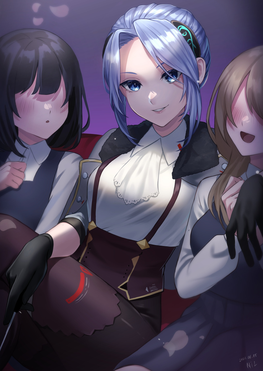 3girls absurdres ascot black_hair blue_eyes blue_hair blush brown_hair collared_shirt crossed_legs faceless faceless_female falling_petals gloves hanamura_shiki hand_on_own_chest hand_on_own_leg heaven_burns_red highres jacket jacket_on_shoulders long_hair looking_at_viewer multiple_girls nil_(pixiv_53614557) open_mouth parted_bangs petals shirt shirt_tucked_in sitting skirt smile suspenders