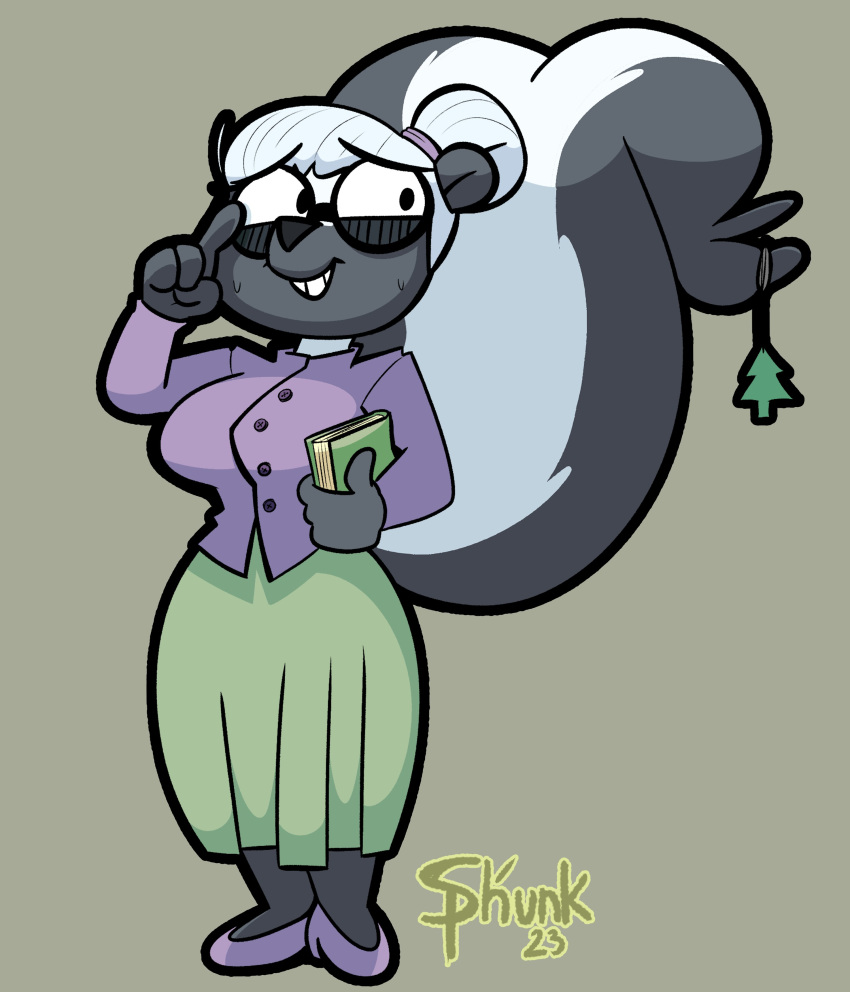 2023 absurd_res air_freshener anthro breasts clothed clothing dominique_o'dour dress eyewear female fluffy fluffy_tail glasses hi_res mammal mephitid nervous nervous_smile signature skunk skunkphunk solo tail