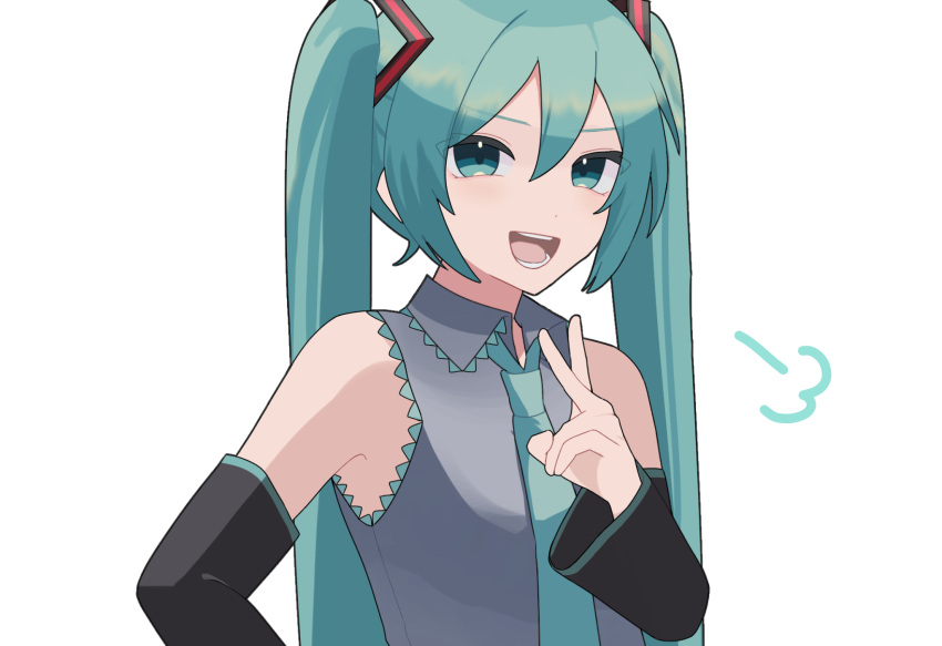 1girl bentou_(bentou_1) blue_eyes collared_shirt detached_sleeves hand_up hatsune_miku highres long_hair long_sleeves looking_at_viewer necktie open_mouth puff_of_air shirt sleeveless sleeveless_shirt smile solo twintails upper_body v very_long_hair vocaloid