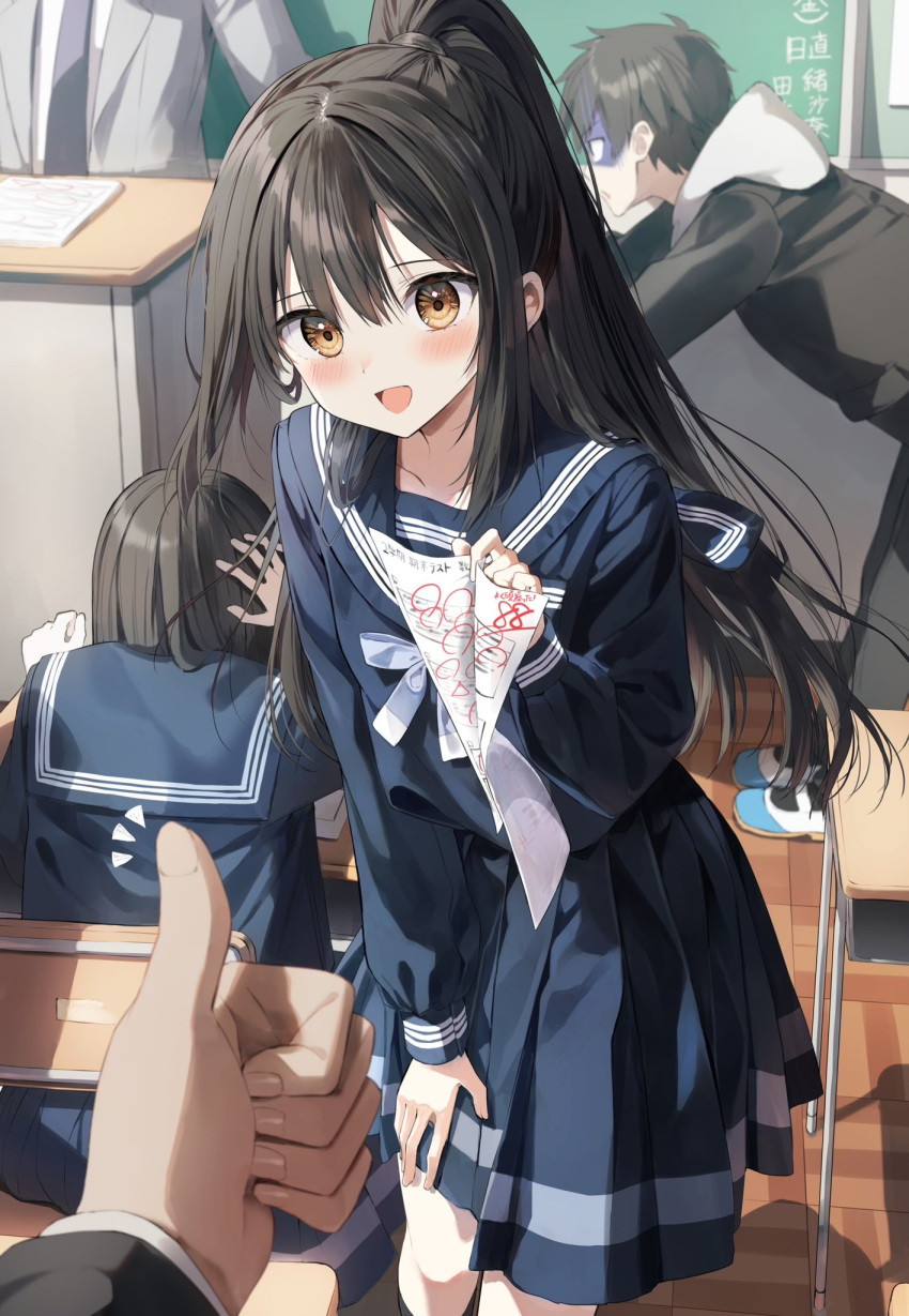 2girls 3boys black_hair black_jacket black_pants blue_sailor_collar blue_serafuku blue_shirt blue_skirt blush brown_eyes chair collarbone commentary_request desk gakuran grey_hoodie grey_jacket hair_between_eyes highres holding hood hood_down hoodie indoors jacket long_hair long_sleeves multiple_boys multiple_girls necktie notice_lines original pants pentagon_(railgun_ky1206) pleated_skirt ponytail puffy_long_sleeves puffy_sleeves purple_necktie sailor_collar school_chair school_desk school_uniform serafuku shirt skirt solo_focus test thumbs_up tsurugi_saya turn_pale very_long_hair