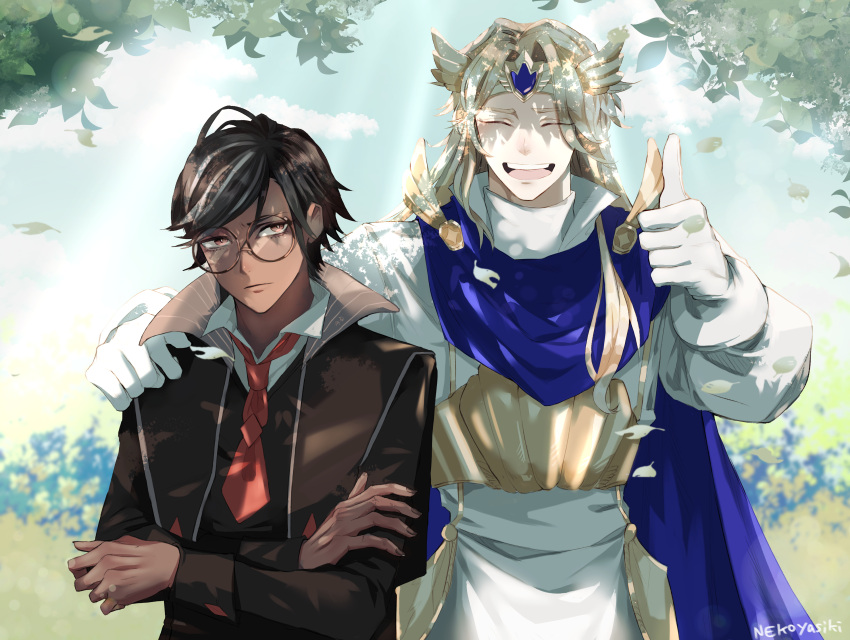 2boys absurdres blonde_hair blue_cape blue_gemstone cape capelet closed_eyes collared_shirt cookie_run espresso_cookie eyelashes film_grain gem glasses hair_between_eyes highres humanization long_hair madeleine_cookie male_focus multiple_boys necktie nekoyasiki33 open_mouth personification red_necktie shirt smile speech_bubble upper_body