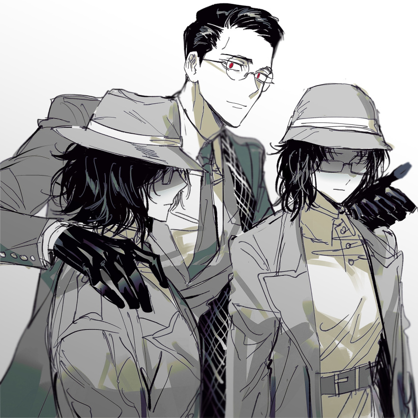 belt character_request closed_mouth coat collared_shirt dress glasses gloves greyscale gubo_(project_moon) head highres leviathan_(project_moon) looking_at_viewer monochrome necktie project_moon red_eyes remsrar shirt simple_background spot_color suit upper_body