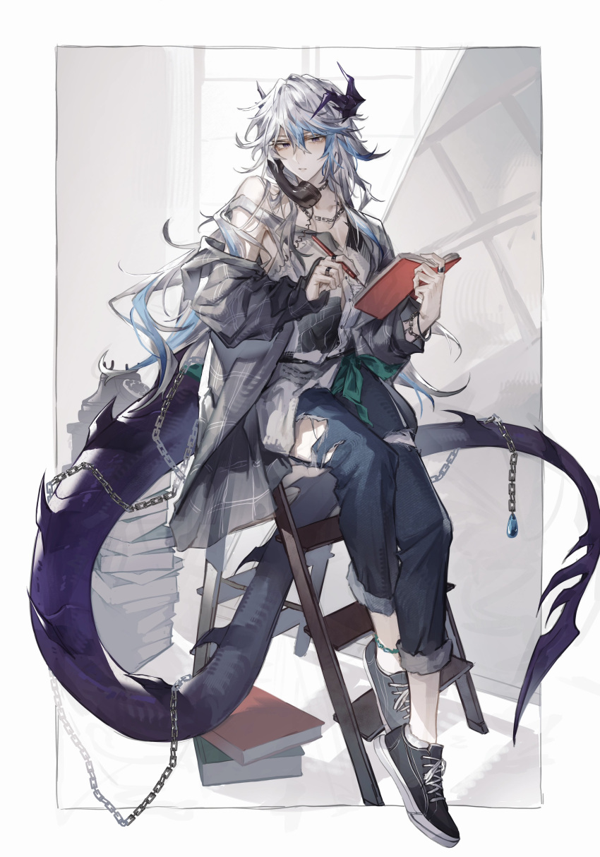 1boy absurdres arknights black_footwear blue_hair book book_stack chain chain_necklace crossed_bangs dragon_boy dragon_horns dragon_tail full_body gradient_hair grey_shirt hair_between_eyes highres holding holding_notebook holding_pen horns indoors jewelry ladder light_blue_hair looking_at_viewer male_focus messy_hair multicolored_hair multiple_rings necklace notebook official_alternate_costume on_ladder parted_lips pen phone purple_eyes puzzle_(amidst_the_pieces)_(arknights) puzzle_(arknights) ring shirt shoes sitting solo stepladder streaked_hair tail takano_jiyuu two-tone_hair white_hair writing